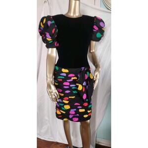 Neiman Marcus 53% Silk Polka Dot Drop Waist Party Dress Bow Sz6 Vintage